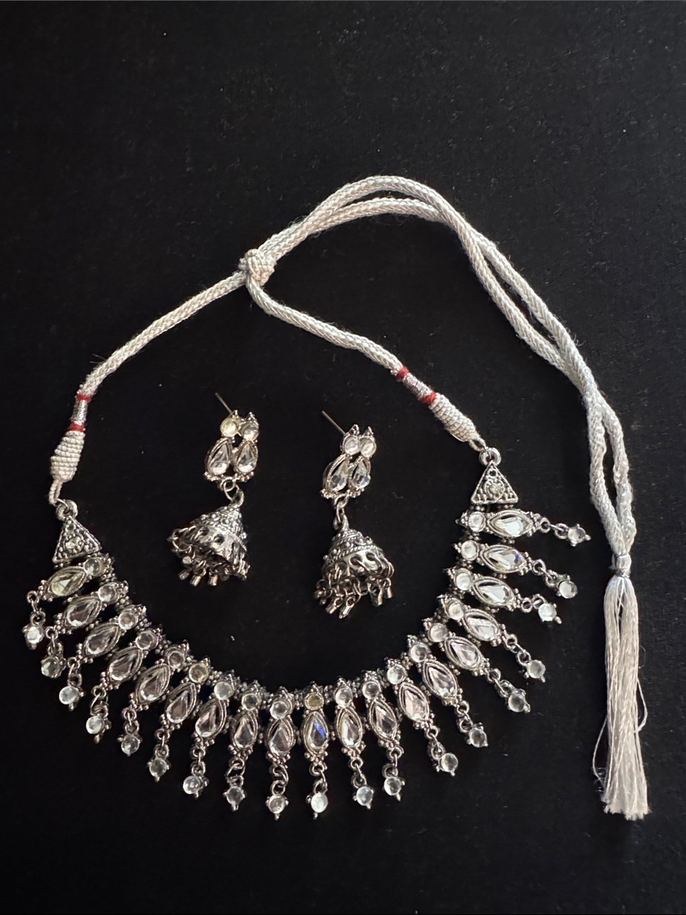 Silver-Tone Crystal Indian Statement Necklace & Jhumka Earrings Set